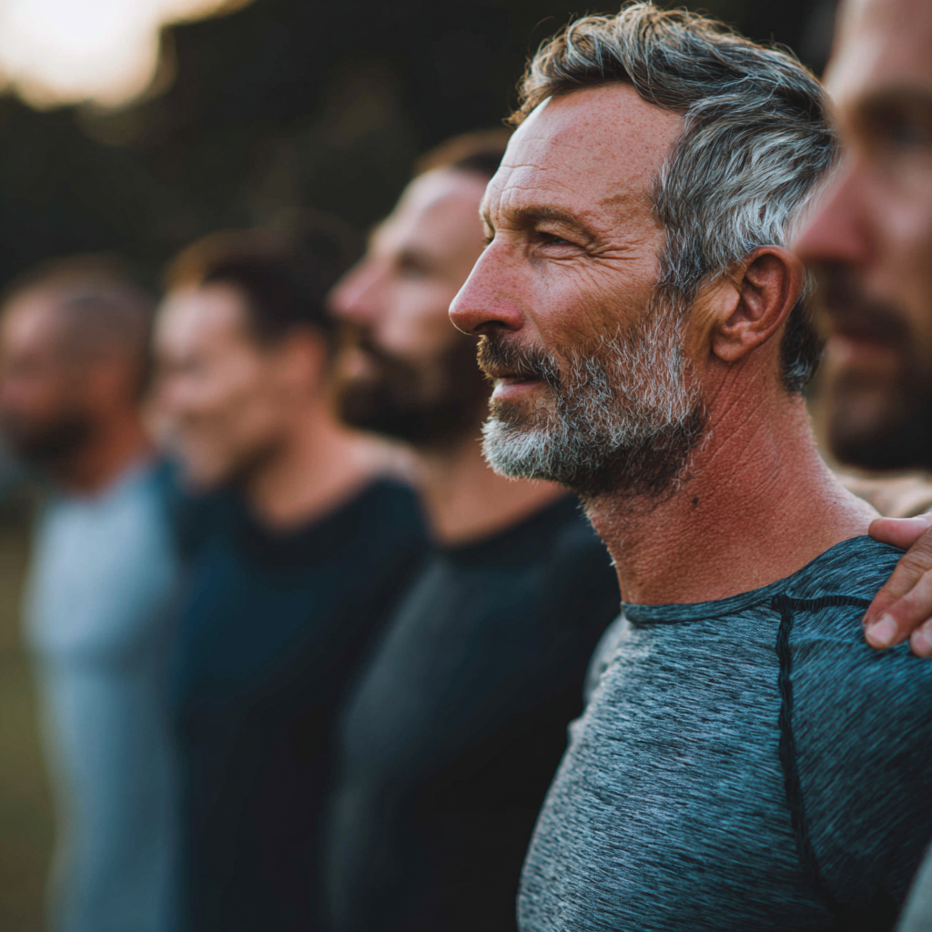 Group of middle-aged men supporting each other during outdoor fitness training session