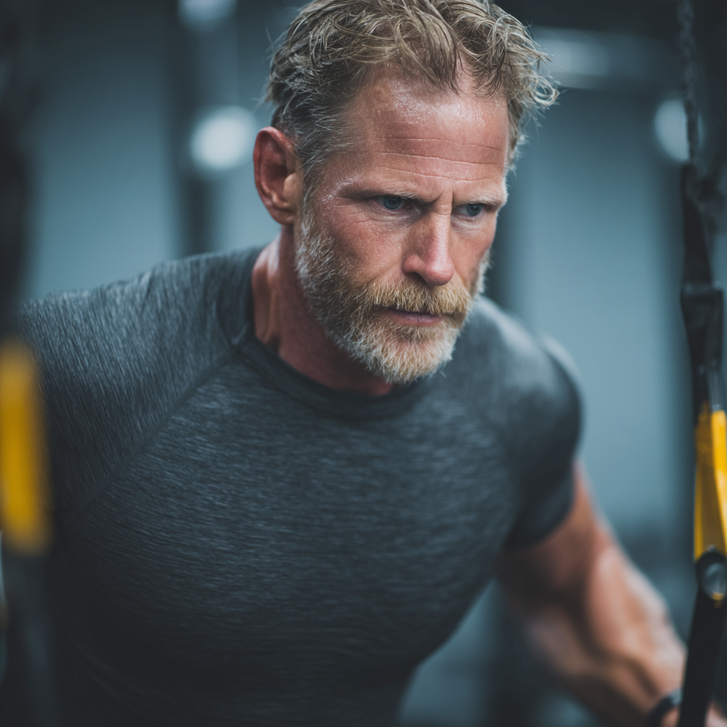 Middle-aged man performing functional strength training exercise with focus and determination
