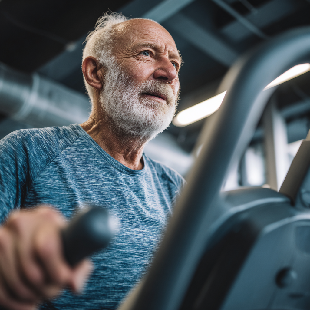 Older adult man beginning his fitness transformation journey with determination and focus